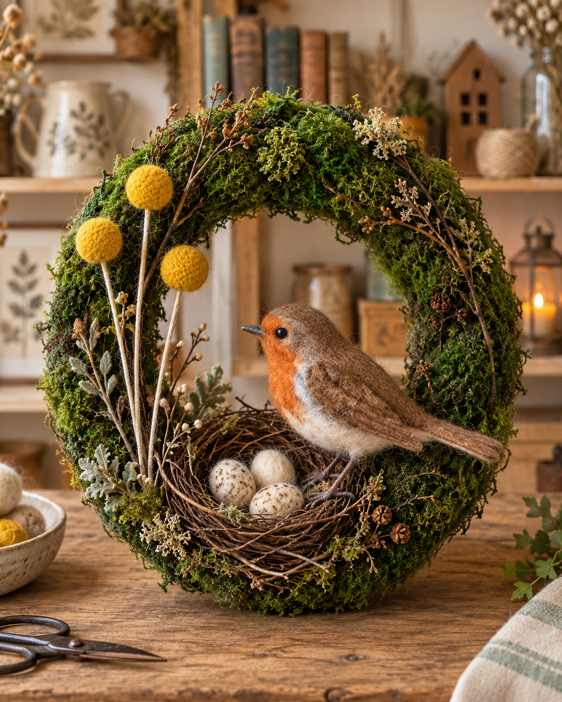 The Robin’s Nest Woodland Wreath – Handmade Needle Felted Robin & Moss Wreath