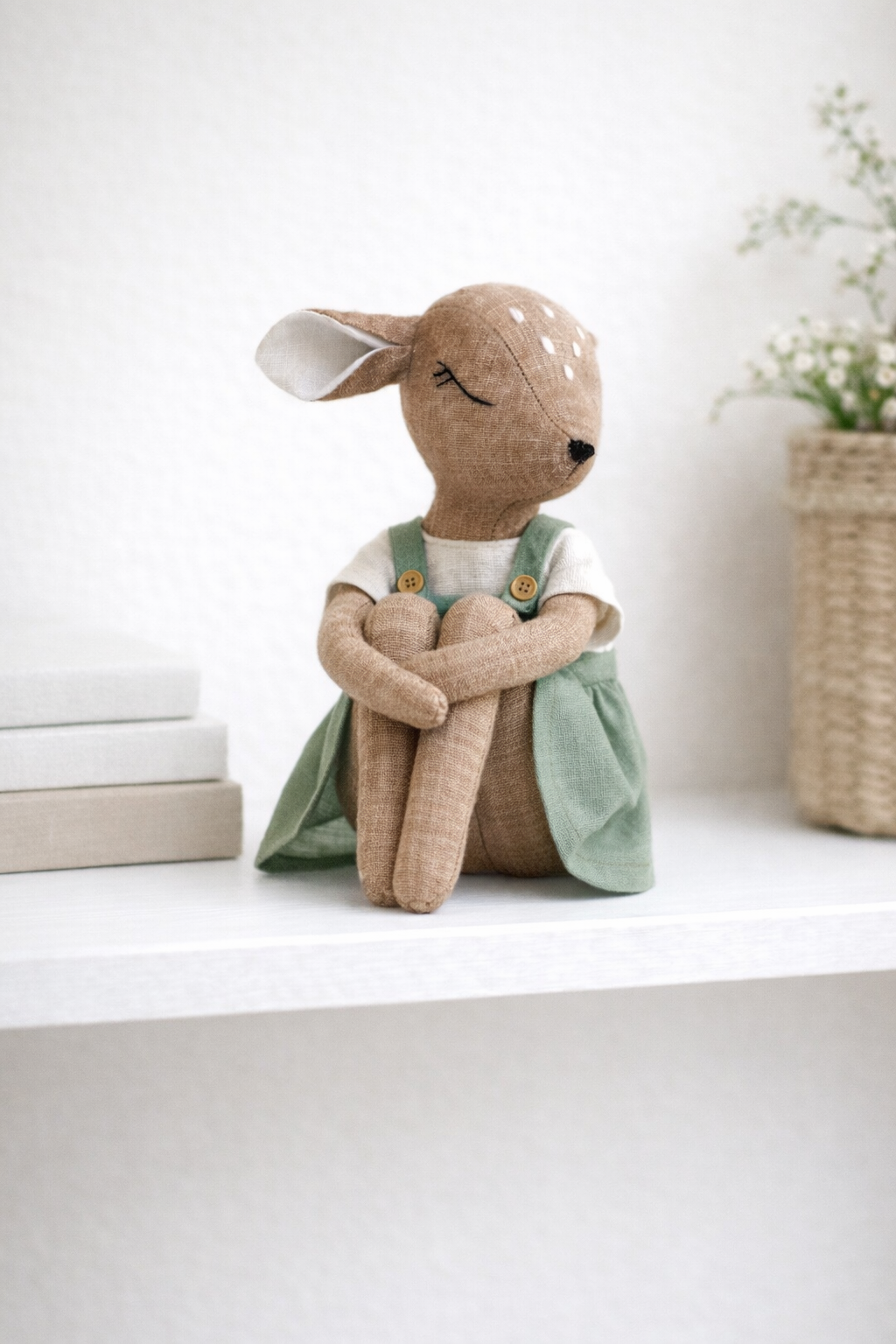 Handmade Linen Deer Doll in Sage Pinafore – Nursery Keepsake