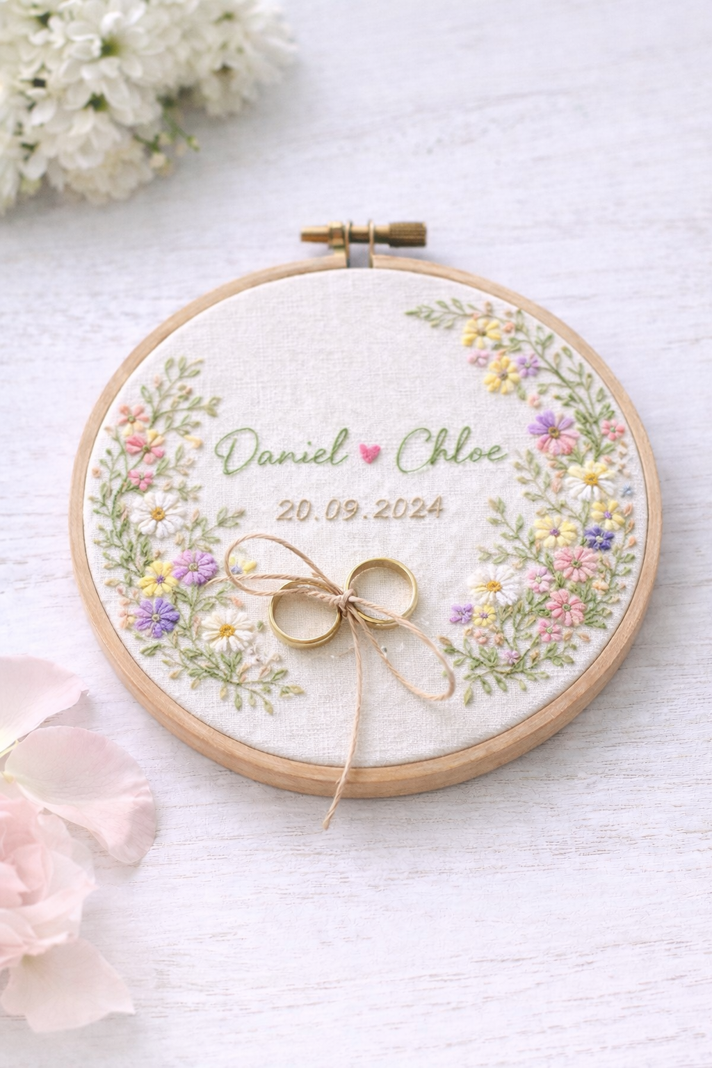 Hand embroidered wedding ring hoop