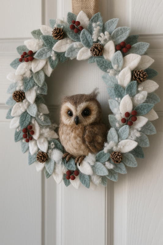 Handmade Snowy Owl Felt Christmas Wreath