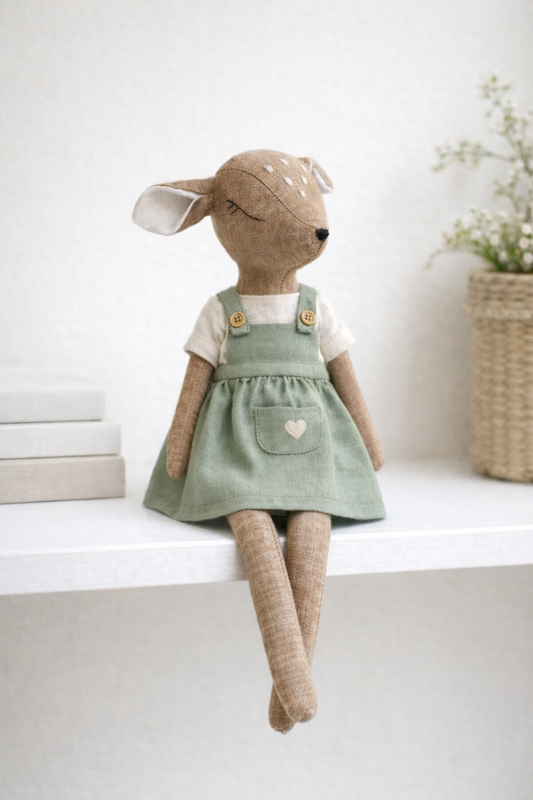 Handmade Linen Deer Doll in Sage Pinafore – Nursery Keepsake