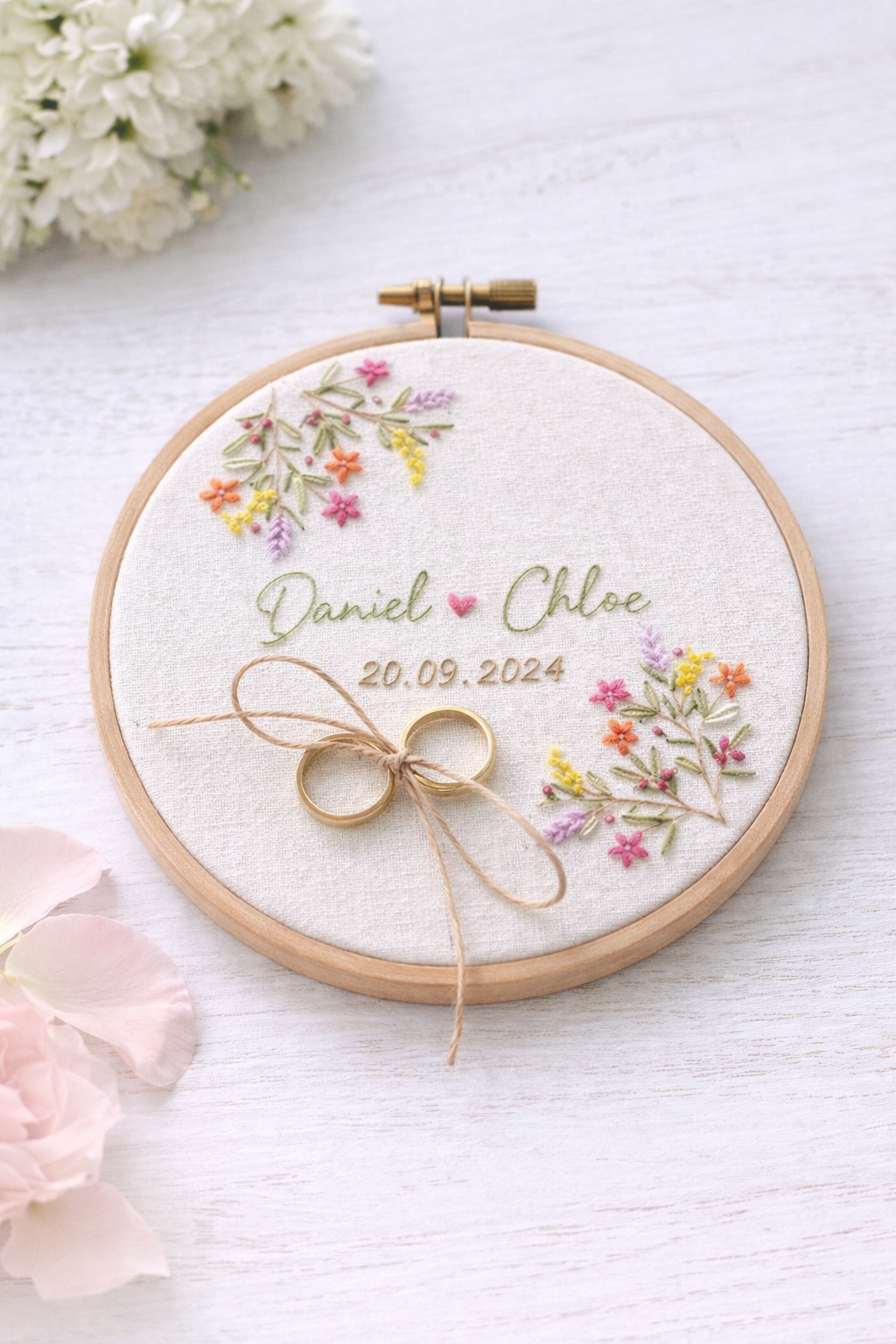 Hand embroidered wedding ring hoop