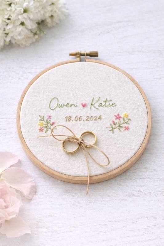 Hand embroidered wedding ring hoop