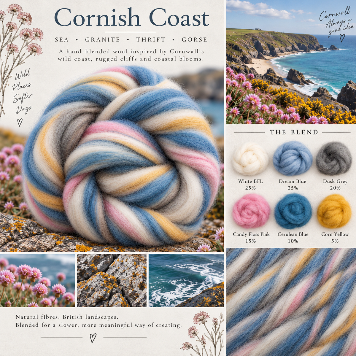 Cornish Coast – Hand-Blended British Wool Batt | Sea • Granite • Thrift • Gorse